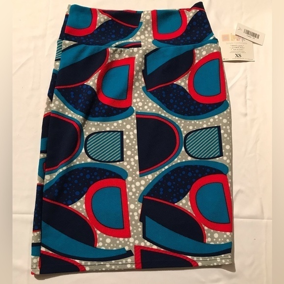 LULAROE SIZE XS CASSIE PENCIL SKIRT IN BLUE, GREY AND RED COLOR BLOCK - Picture 1 of 5